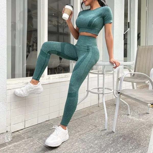 Ensemble sportif haut à manches courtes et pantalon long pour femme, taille haute adapté au plein air
