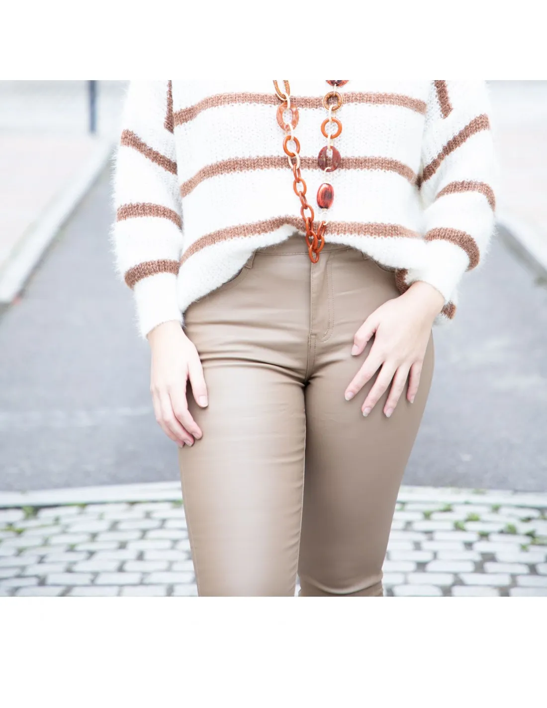 Jean huilé effet cuir femme style enduit ciré coupe slim taille haute extensible & doublé haute qualité
